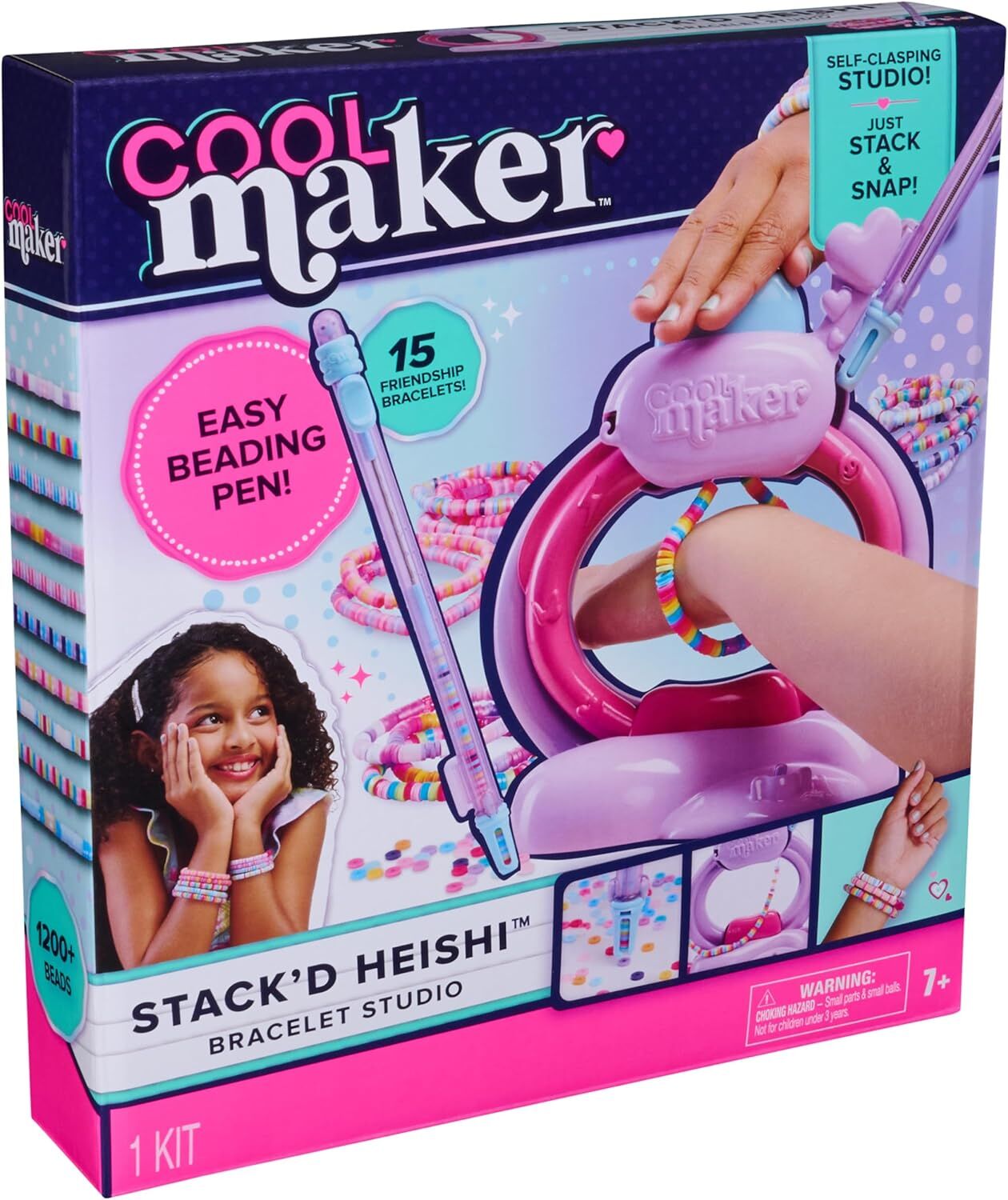 Cool Maker Stack'd Heishi Bracelet Studio kit box featuring a smiling girl, a hand using the pink bracelet maker, a beading pen, and colorful beads