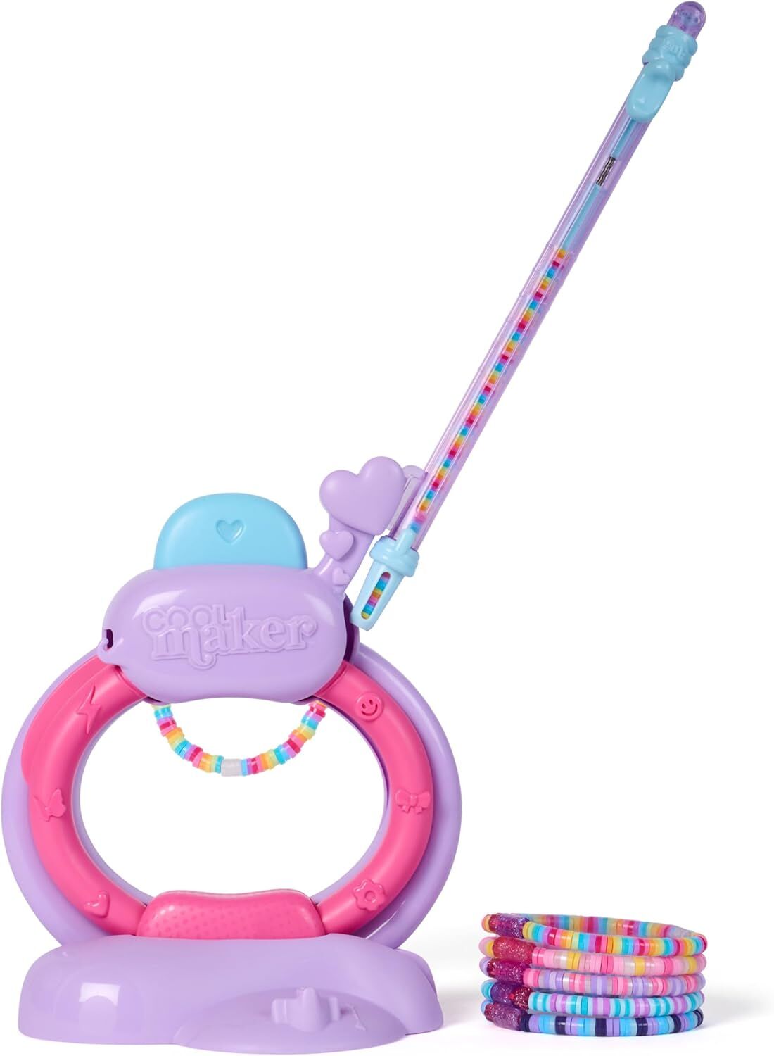 Purple & pink Cool Maker bracelet kit with a bead feeder and a stack of vibrant rainbow bracelets
