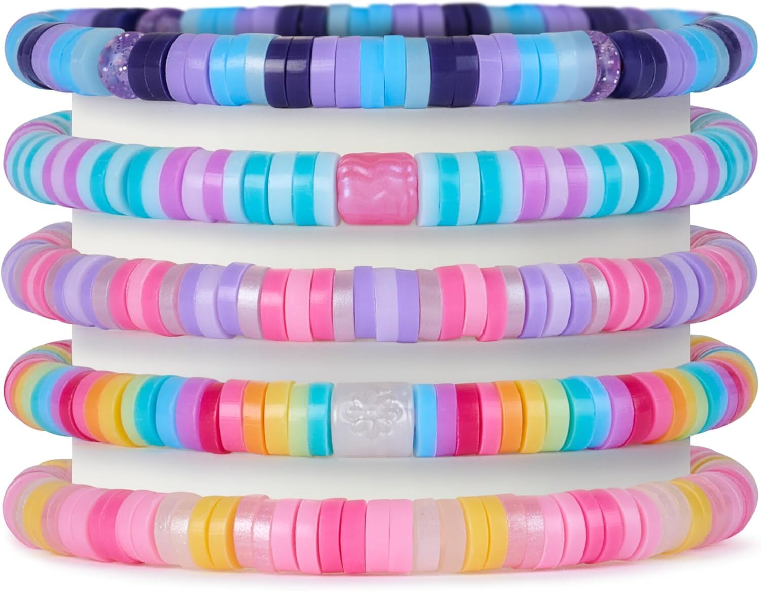 Stack of 5 vibrant heishi bracelets in various shades of purple, blue, pink, yellow, & orange, with some glitter and metallic beads