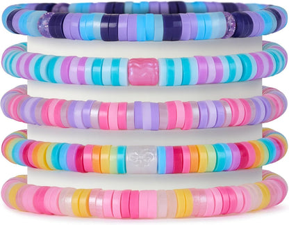 Stack of 5 vibrant heishi bracelets in various shades of purple, blue, pink, yellow, & orange, with some glitter and metallic beads