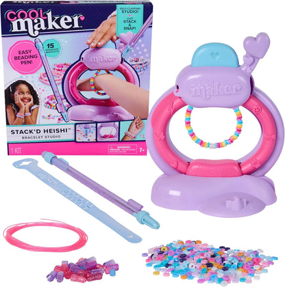 Cool Maker Stack'd Heishi Bracelet Studio box, purple and pink self-clasping beading device, pen, string, and colorful heishi beads for crafting bracelets