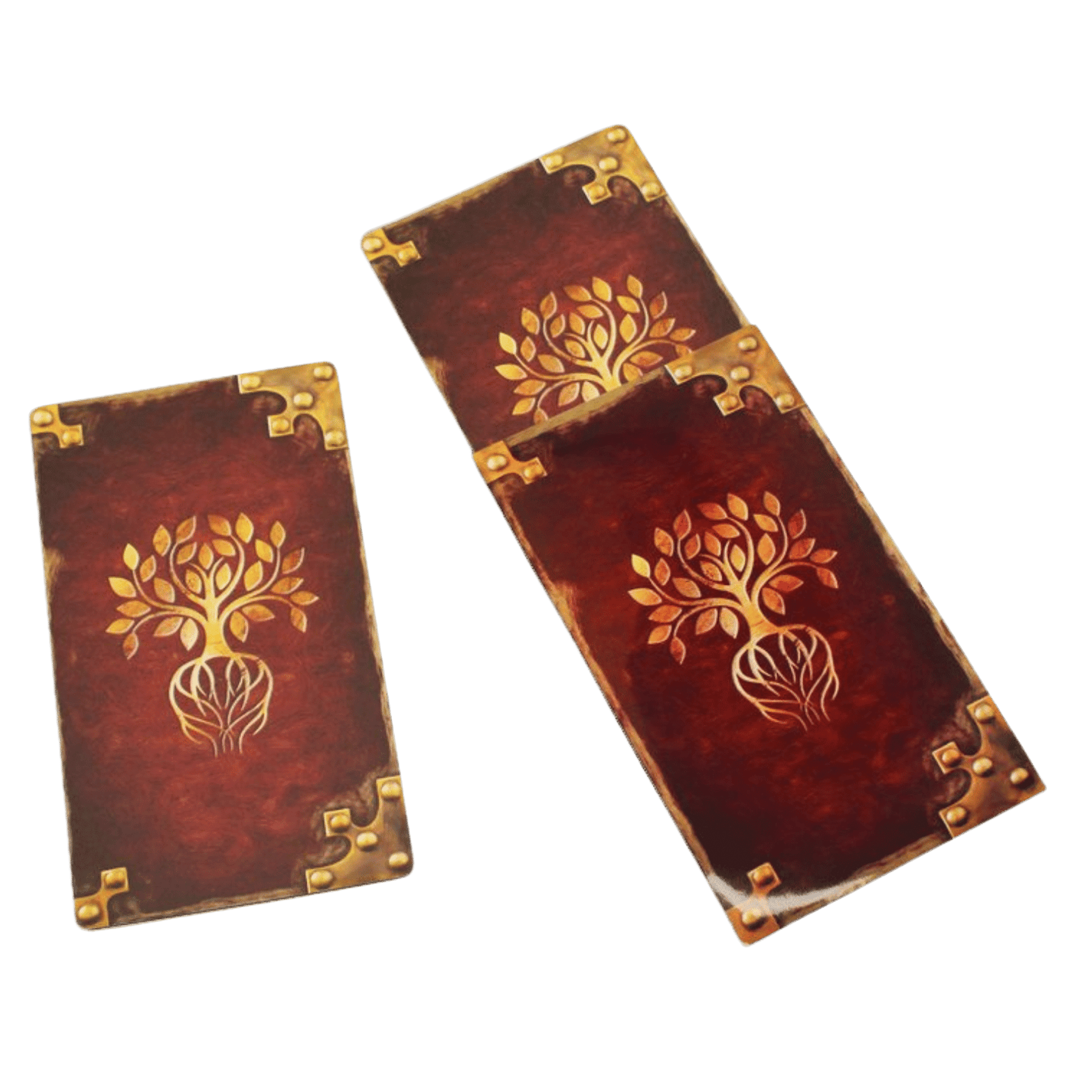 Three dark red cards with golden tree designs and ornate corners, two stacked.