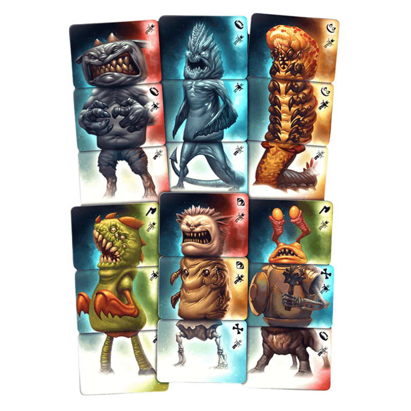 Grid of colorful game cards, each combining head, torso, and legs to form a unique cartoon monster