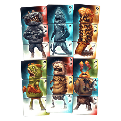 Grid of colorful game cards, each combining head, torso, and legs to form a unique cartoon monster