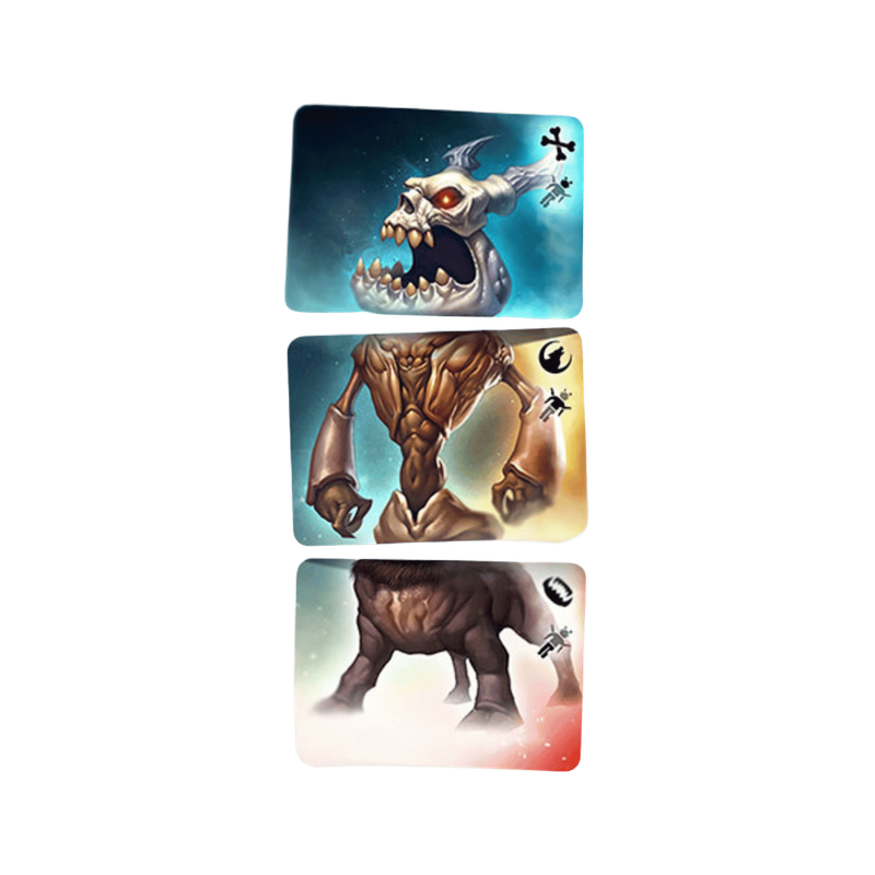 Three game cards display fantasy monsters: a screaming skull, a muscular biped, and a charging beast, with symbols