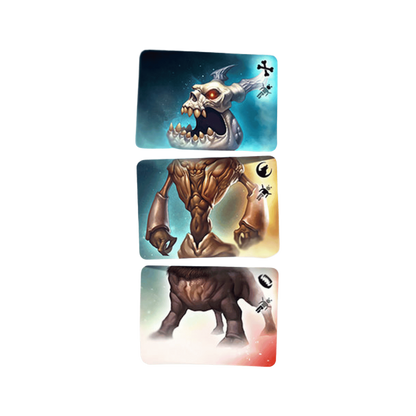 Three game cards display fantasy monsters: a screaming skull, a muscular biped, and a charging beast, with symbols