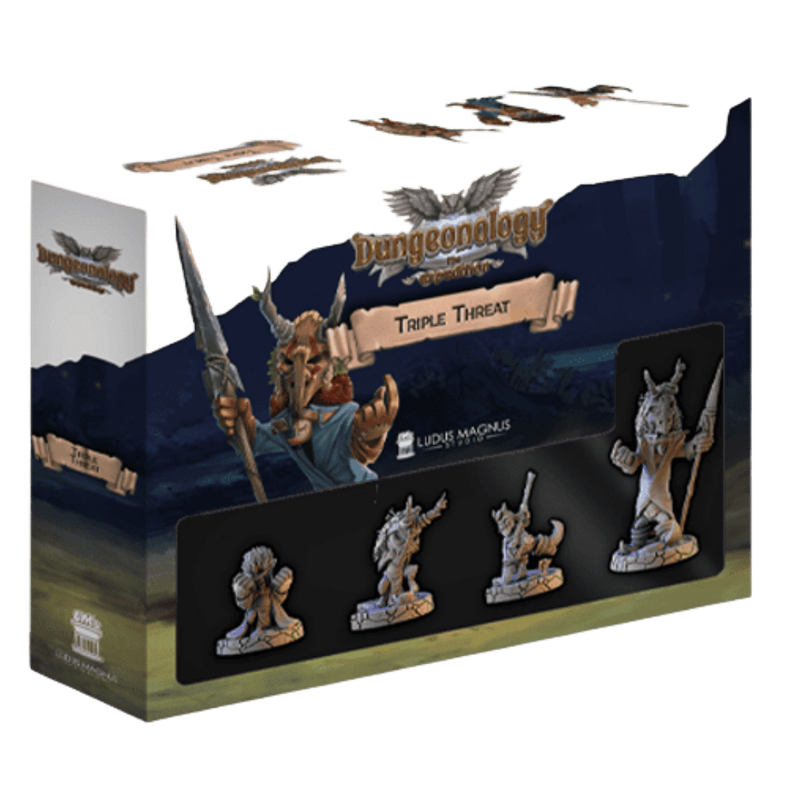Dungeonology: Triple Threat expansion box with three miniature figures