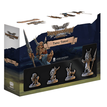 Dungeonology: Triple Threat expansion box with three miniature figures