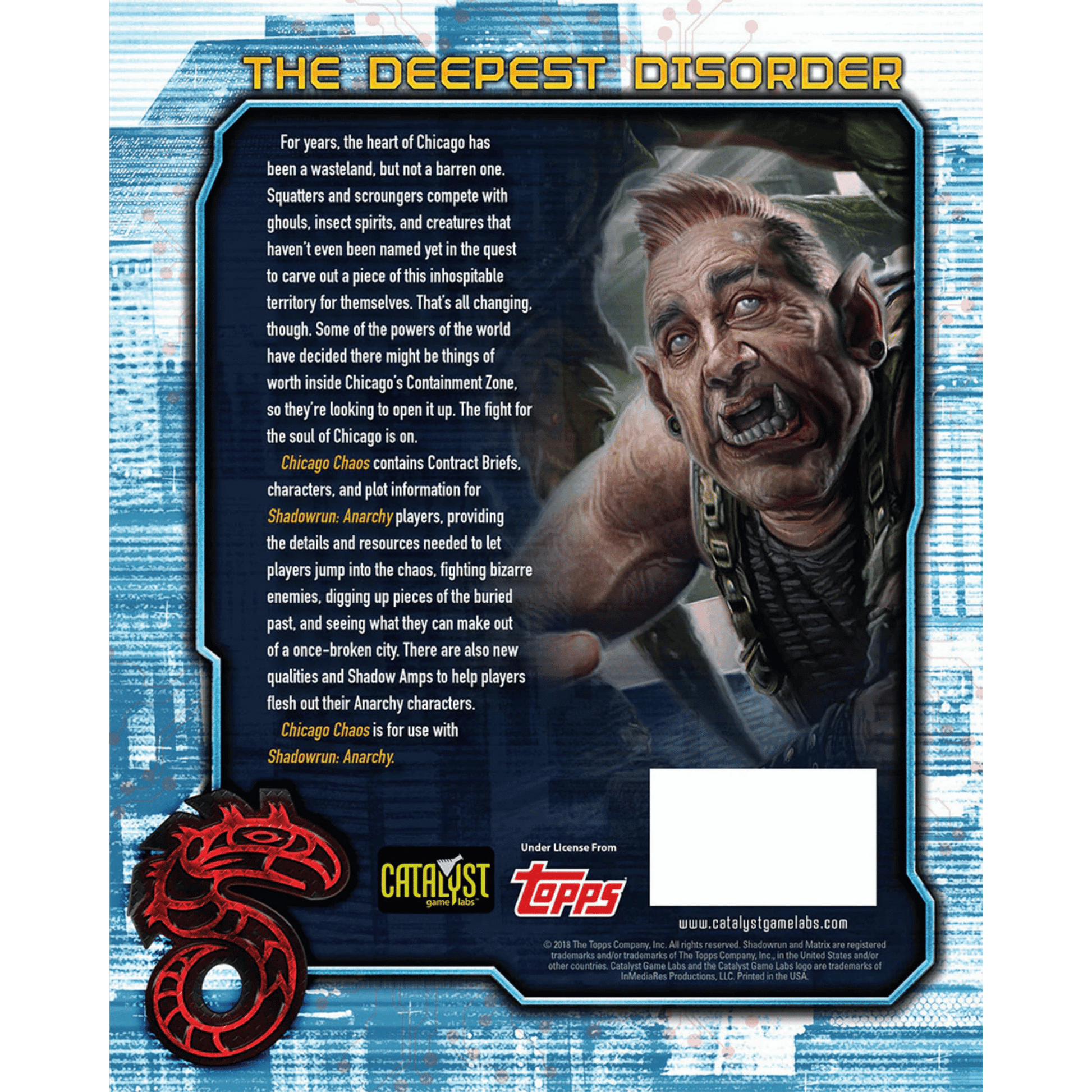 A snarling, cyberpunk character with a mohawk, tusks, and metallic collar. Title: The Deepest Disorder, for Shadowrun.