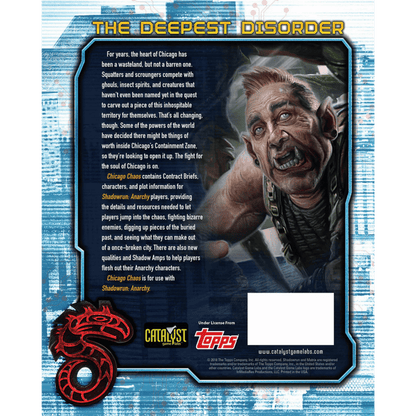 A snarling, cyberpunk character with a mohawk, tusks, and metallic collar. Title: The Deepest Disorder, for Shadowrun.