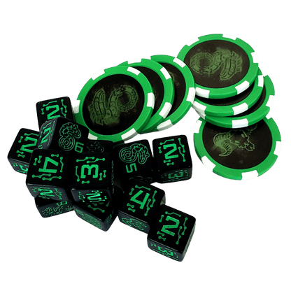 Gaming set: Black dice with green glowing numbers and circuit patterns, & green chips with glowing ram symbols