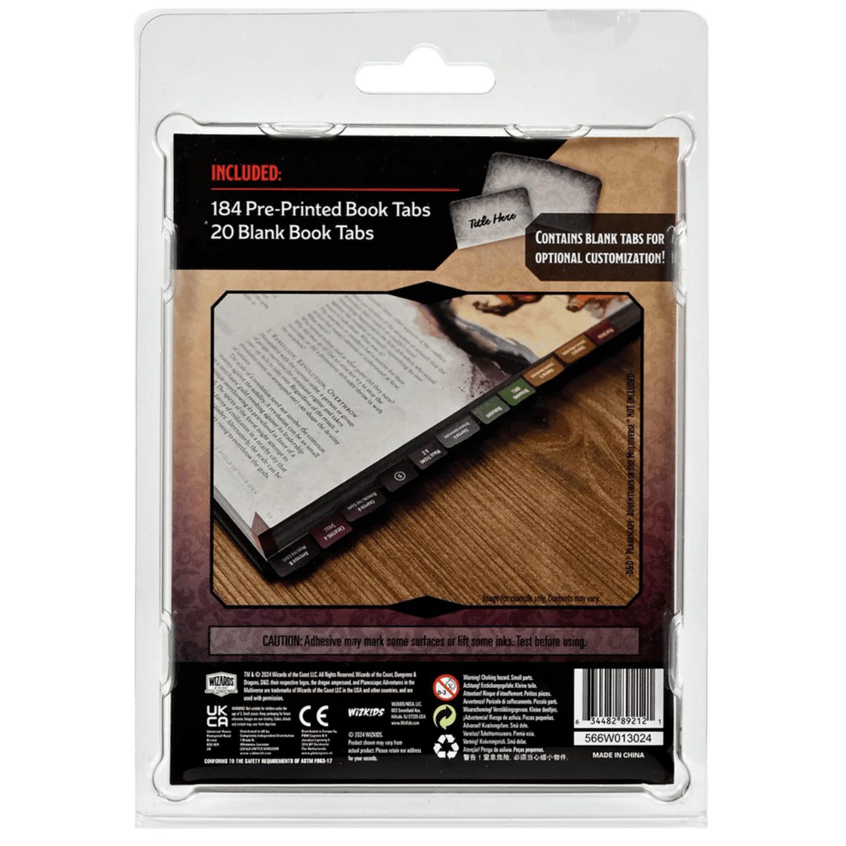 Back of book tabs package: 184 pre-printed and 20 blank tabs are shown applied to a book for organization
