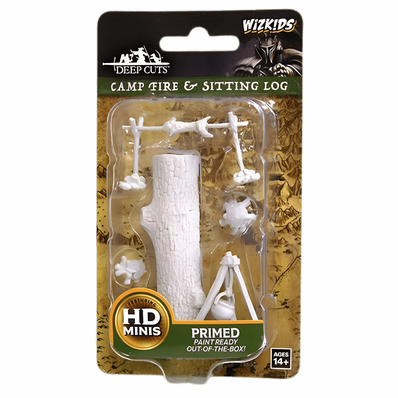 WizKids Deep Cuts Camp Fire & Sitting Log set: unpainted white plastic miniatures of a log, campfire, and cooking pot