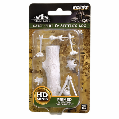 WizKids Deep Cuts Camp Fire & Sitting Log set: unpainted white plastic miniatures of a log, campfire, and cooking pot