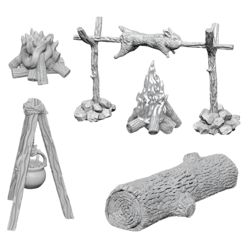 Grey miniatures: two campfires, rabbit on a spit, pot over tripod, and a log