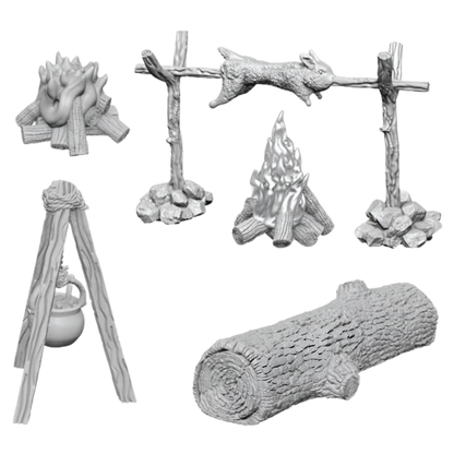 Grey miniatures: two campfires, rabbit on a spit, pot over tripod, and a log