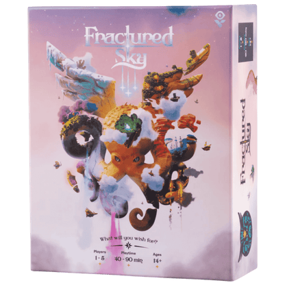 Fractured Sky board game box. Fantastical cover art shows a giant orange octopus among surreal floating islands