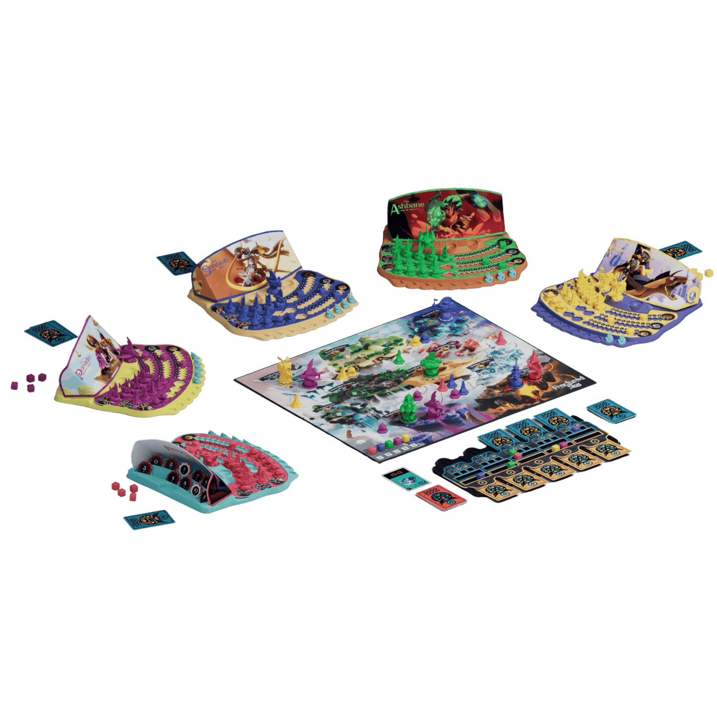 Colourful strategy board game laid out, featuring a central map, miniature pieces, cards, and four unique player setups