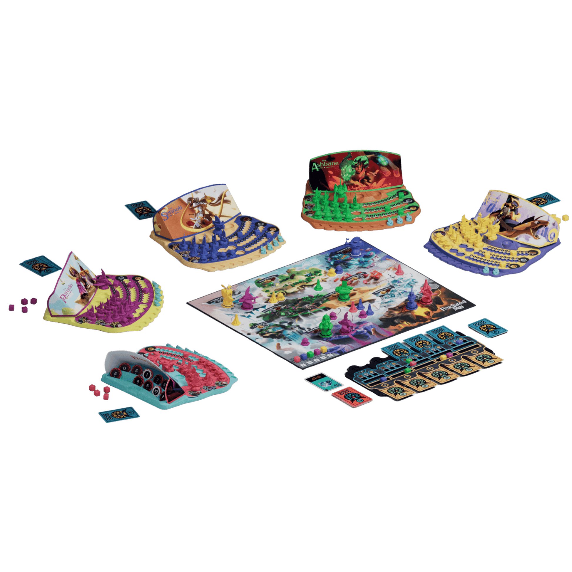 Colourful strategy board game laid out, featuring a central map, miniature pieces, cards, and four unique player setups