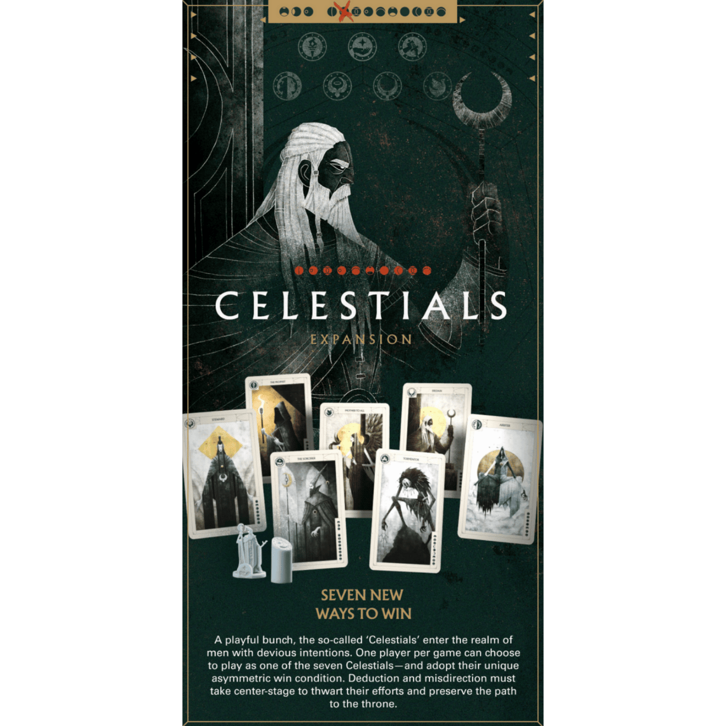 Cover art for the Celestials Expansion, featuring a bearded celestial figure and seven character game cards