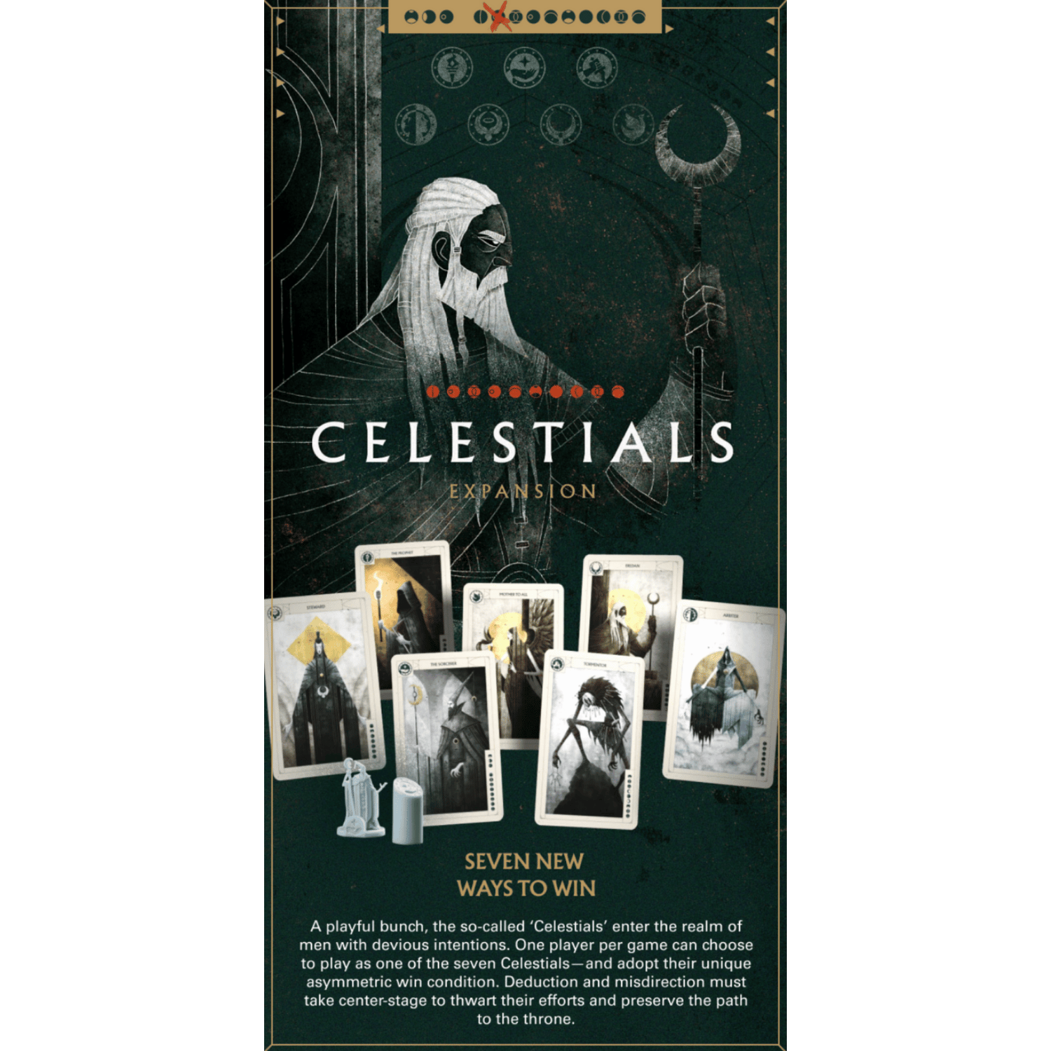 Cover art for the Celestials Expansion, featuring a bearded celestial figure and seven character game cards