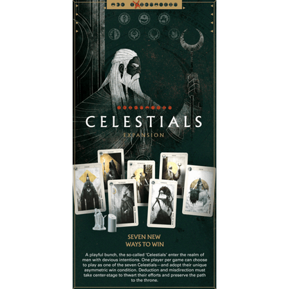 Cover art for the Celestials Expansion, featuring a bearded celestial figure and seven character game cards