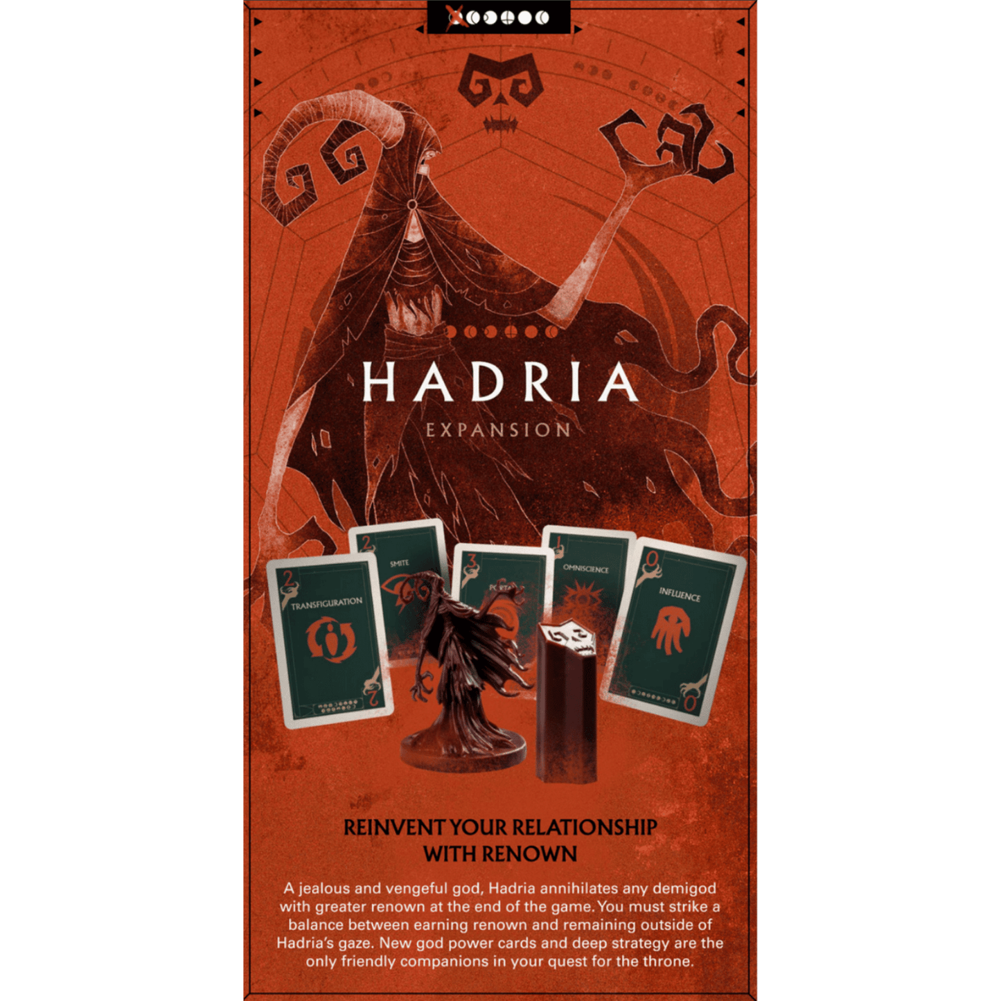 Hadria Expansion ad with a menacing horned figure, game cards, miniature, and token on an orange background