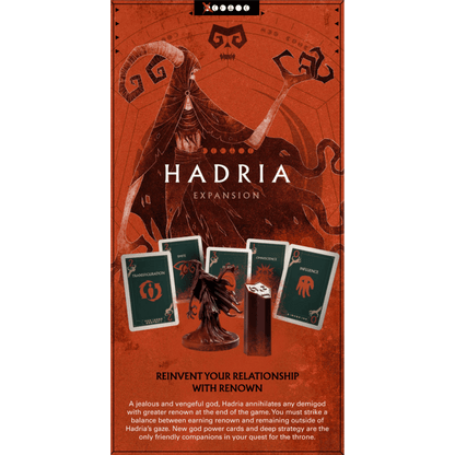 Hadria Expansion ad with a menacing horned figure, game cards, miniature, and token on an orange background