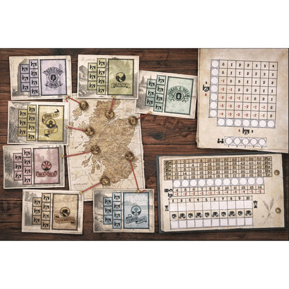 Tabletop game setup showing a vintage map of Scotland, connected location cards (distilleries), and numeric score sheets