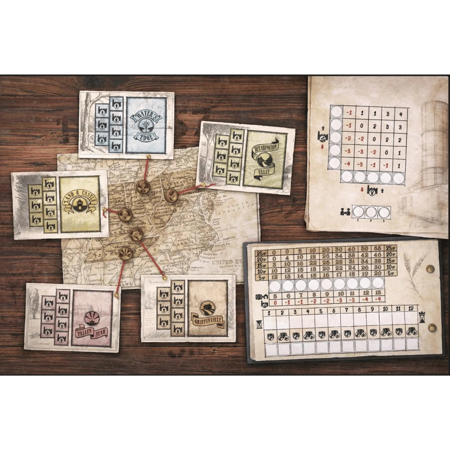 Vintage-style board game setup featuring a map with connected wooden tokens, multiple cards, and scoring trackers