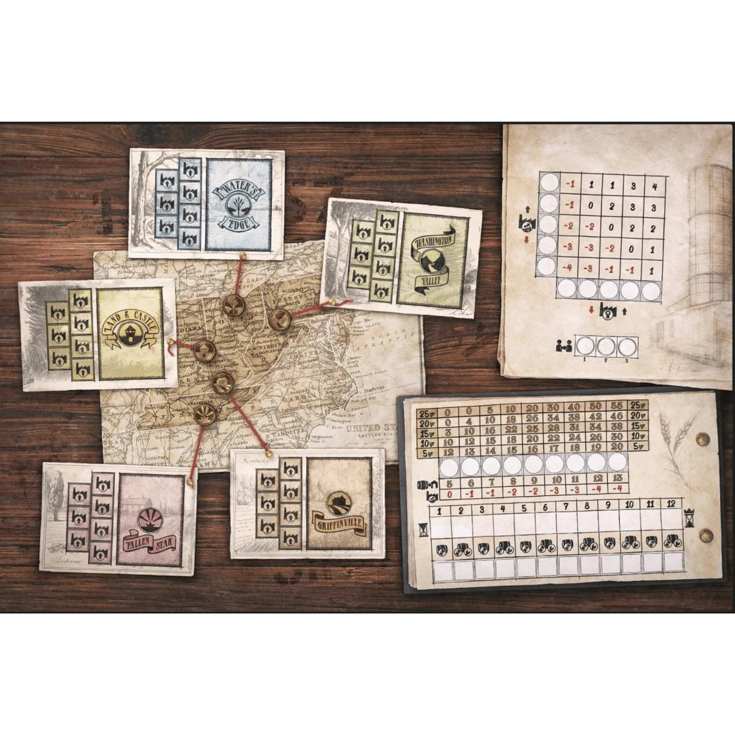 Vintage-style board game setup featuring a map with connected wooden tokens, multiple cards, and scoring trackers