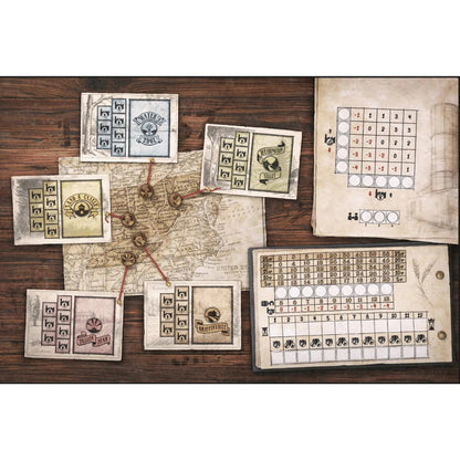Vintage-style board game setup featuring a map with connected wooden tokens, multiple cards, and scoring trackers