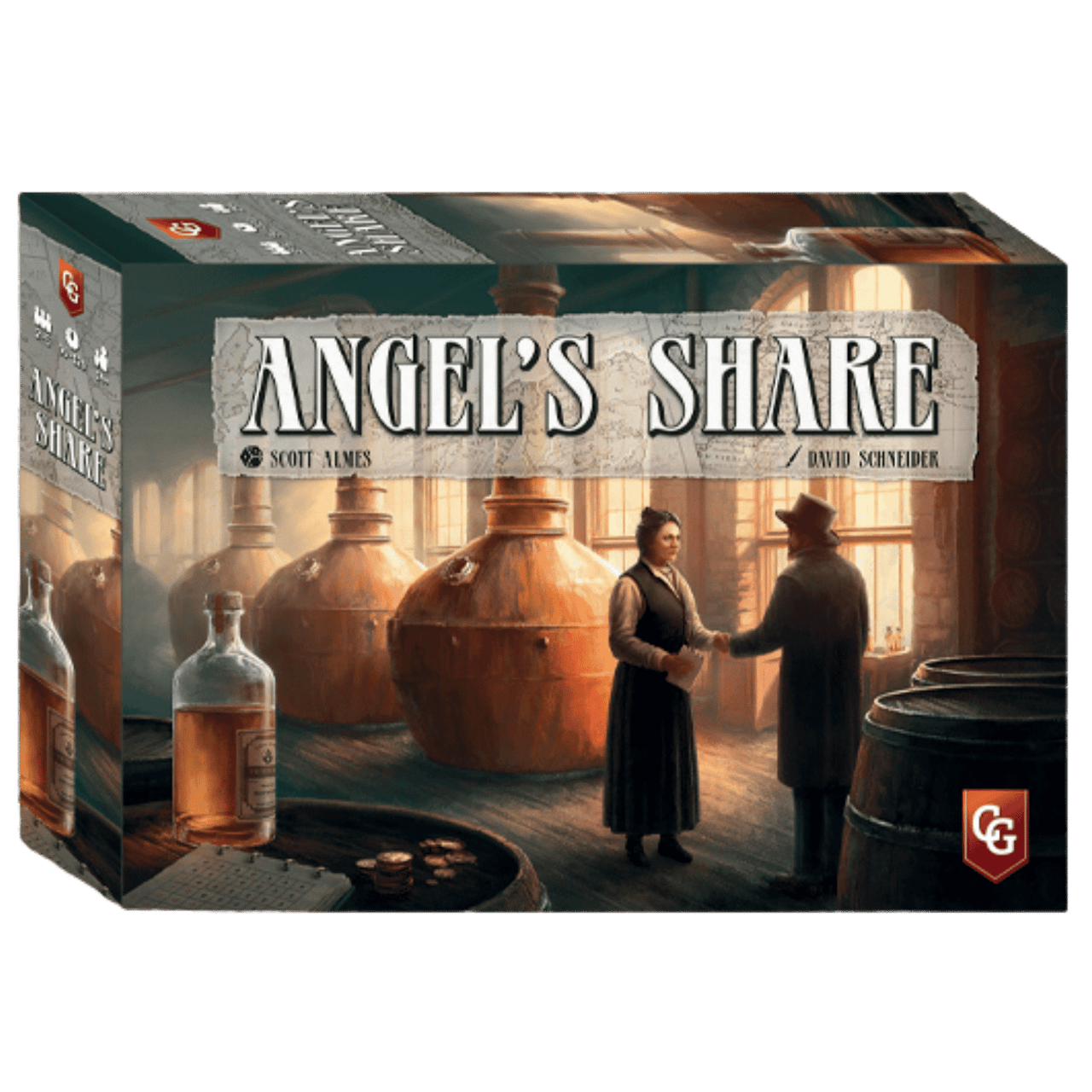Angel's Share board game cover: Two people shaking hands inside a distillery among stills and barrels