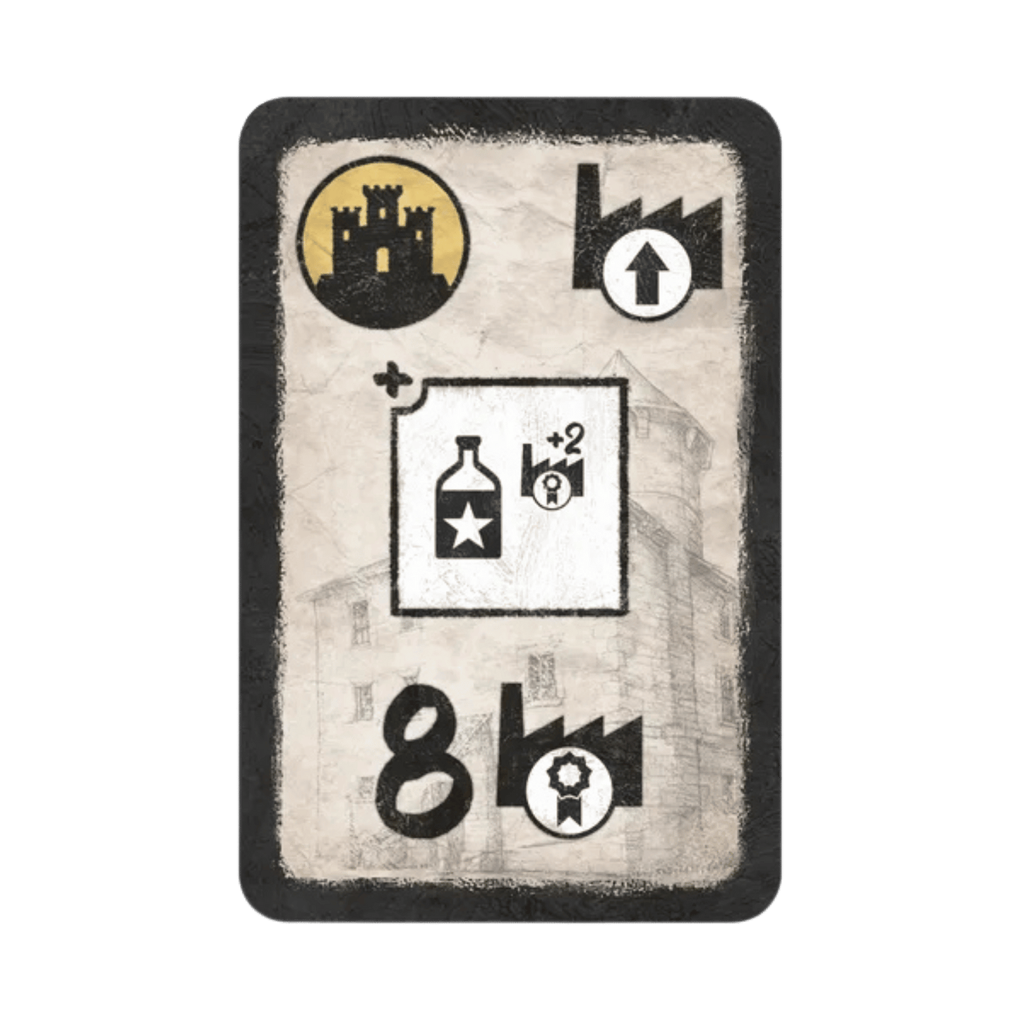 Game card featuring castle, factory upgrade, bottle resource granting +2 keys, and the number 8