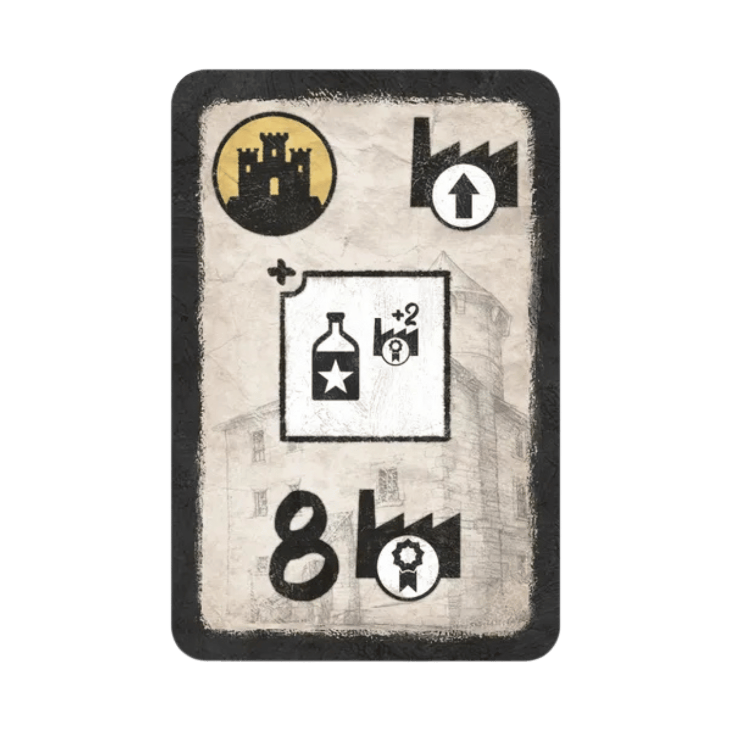 Game card featuring castle, factory upgrade, bottle resource granting +2 keys, and the number 8