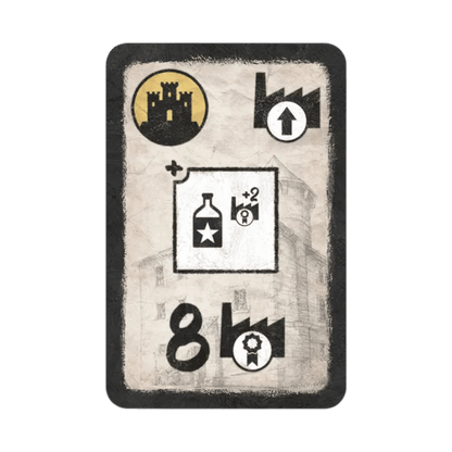 Game card featuring castle, factory upgrade, bottle resource granting +2 keys, and the number 8