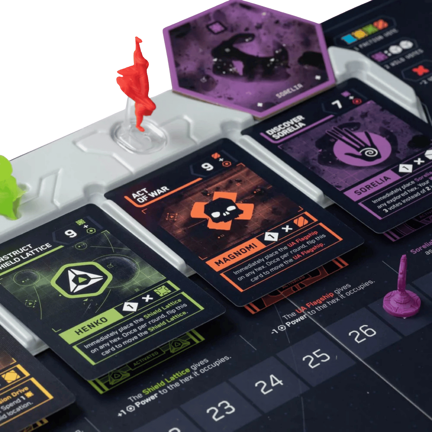 Close-up of a science fiction board game setup showing cards (Henko, Magnomi, Sorelia) and plastic miniatures