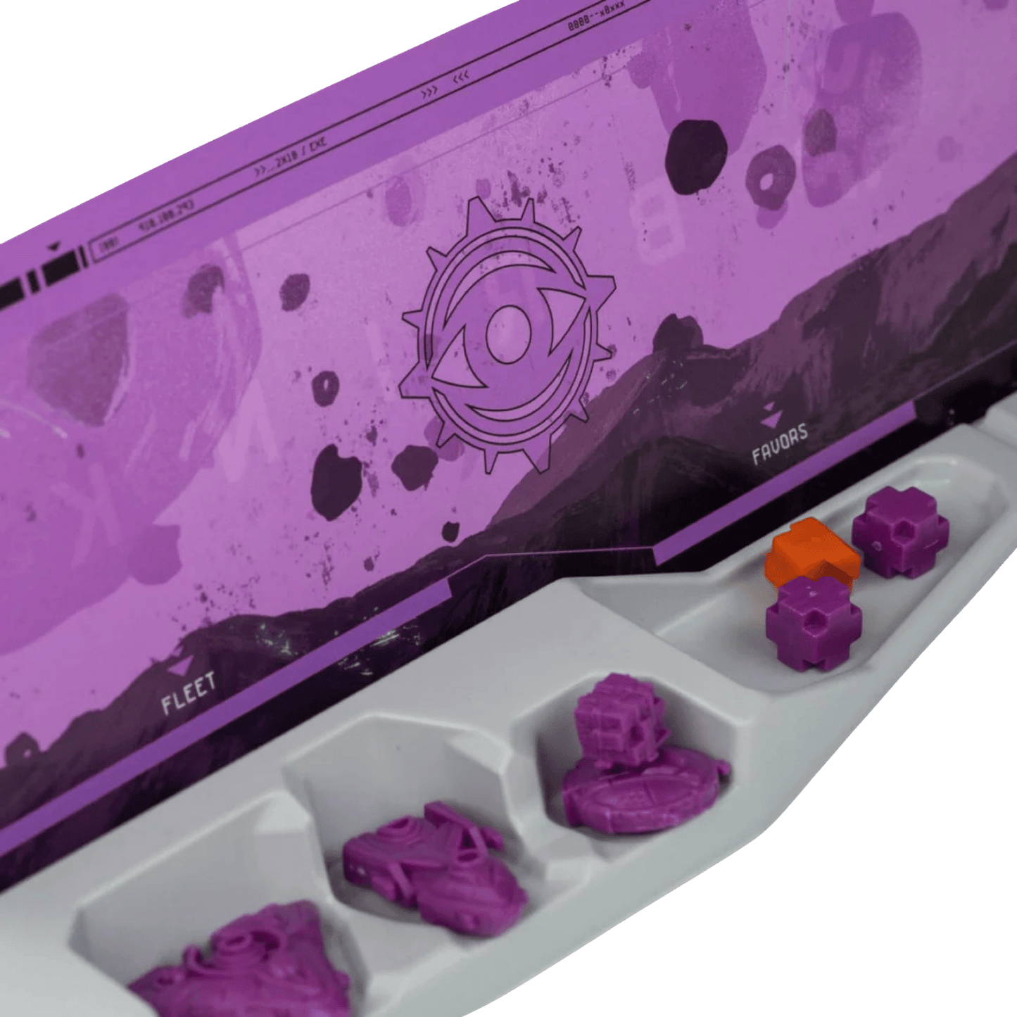 Close-up of a board game player mat displaying purple ship miniatures and tokens organized in a grey tray