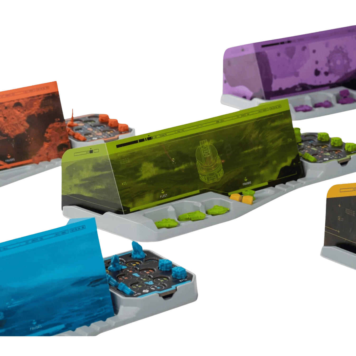 Futuristic board game setup featuring four colourful player screens (green, blue, orange, purple) and tokens