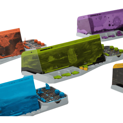 Futuristic board game setup featuring four colourful player screens (green, blue, orange, purple) and tokens