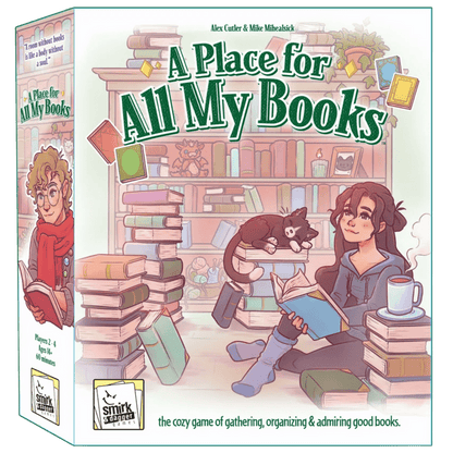 Box art for "A Place for All My Books." A person sits reading among stacks of books with a cat in a cozy library setting