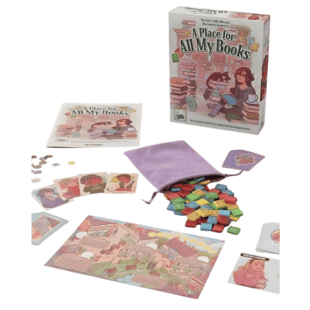 A Place for All My Books board game components, including the box, board, cards, and a bag overflowing with colorful book tokens