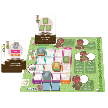 Tabletop game setup featuring a room layout board, stacks of colored book tokens, character actions, and objective cards