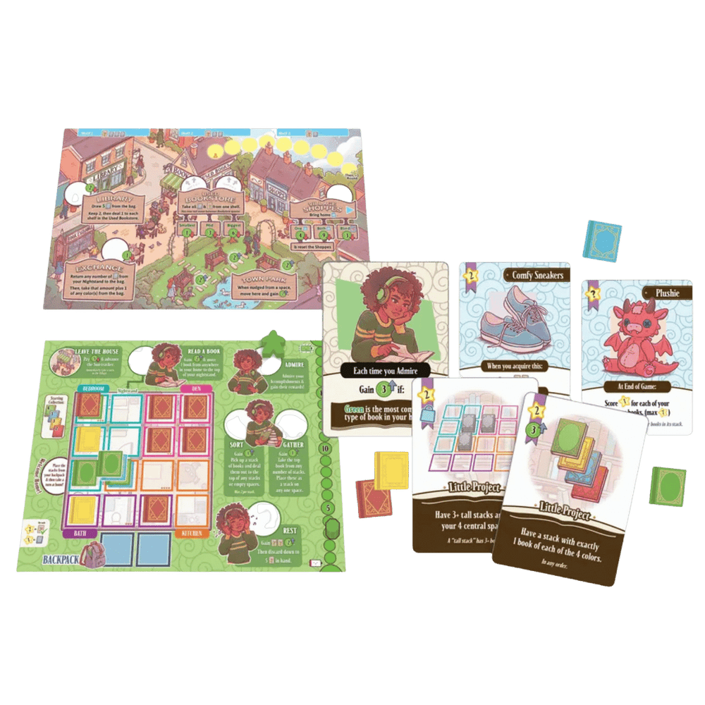 Cozy, illustrated board game components: a town map, house mat, character cards, and book project cards
