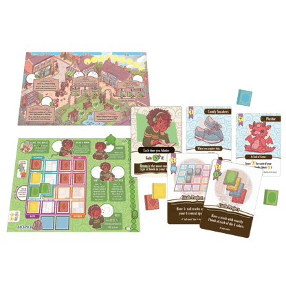 Cozy, illustrated board game components: a town map, house mat, character cards, and book project cards