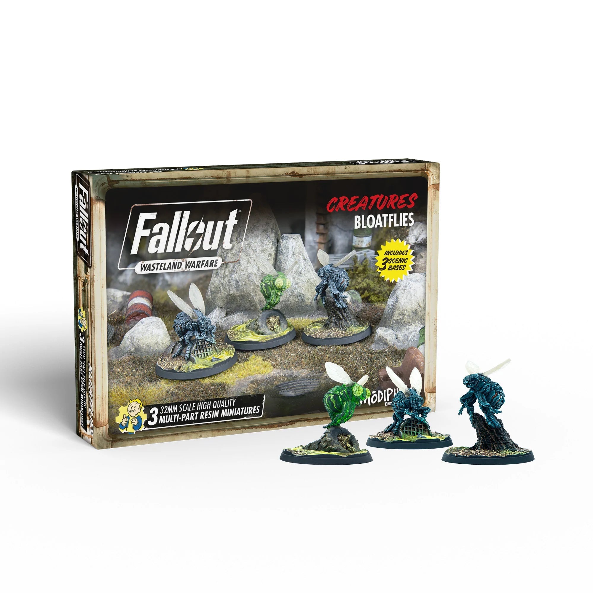 A Fallout: Wasteland Warfare Bloatflies box with three painted green and blue insect-like miniatures on scenic bases