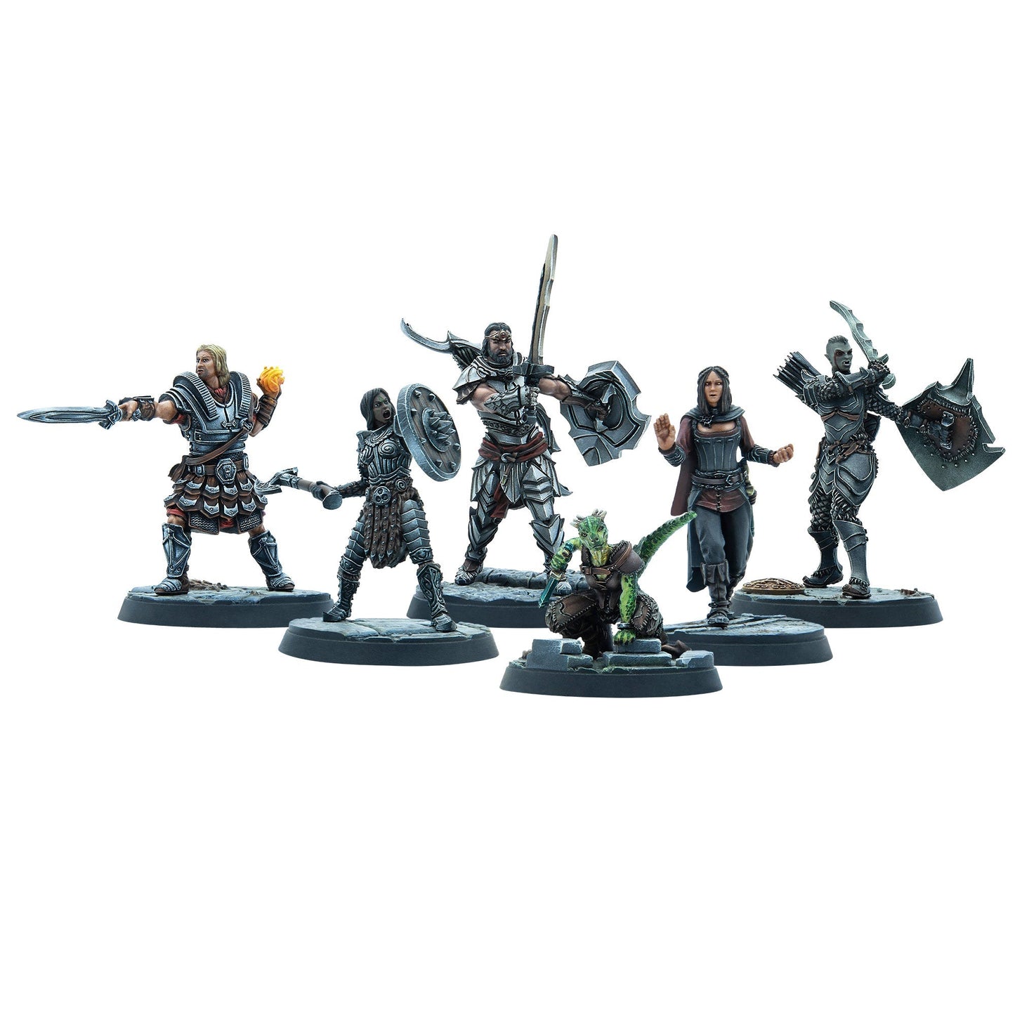 A group of six painted fantasy miniatures, including human warriors, an orc archer, and a lizardfolk, poised for combat