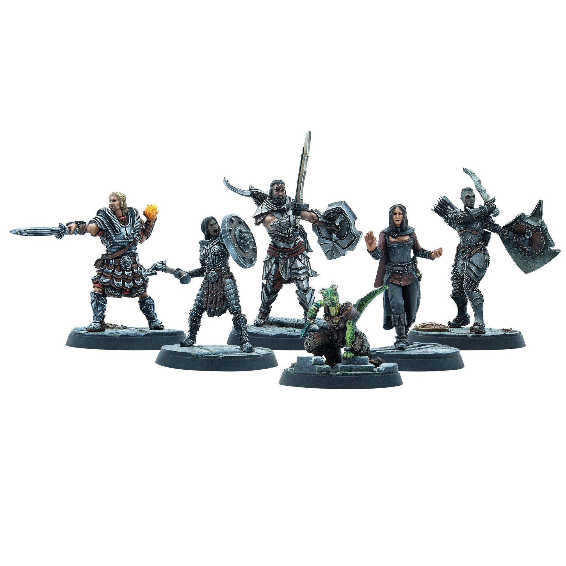 A group of six painted fantasy miniatures, including human warriors, an orc archer, and a lizardfolk, poised for combat