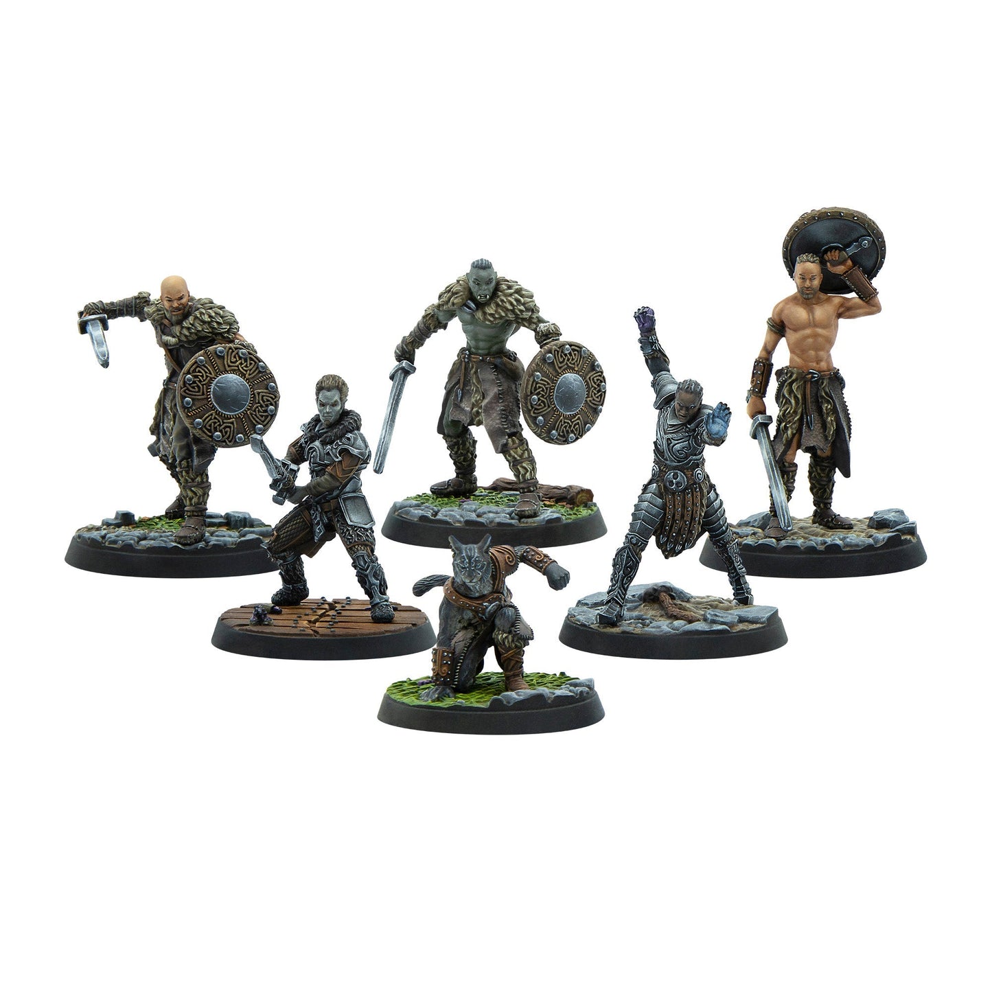 Six diverse fantasy miniature figures, including warriors, an orc, and a cat-person, all armed and in action poses