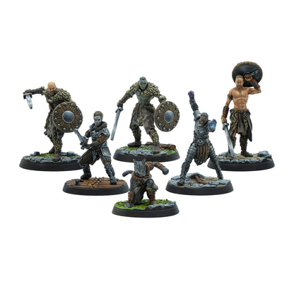 Six diverse fantasy miniature figures, including warriors, an orc, and a cat-person, all armed and in action poses